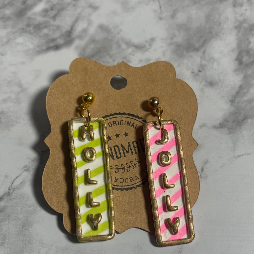 Handmade festive earrings “Holly” & “Jolly” charms w/ pink/green striped designs